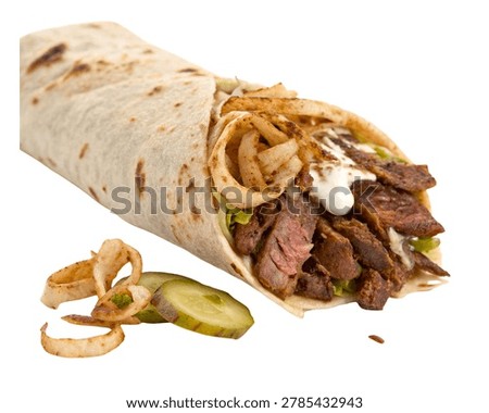 Authentic Beef Shawarma Wrap Filled with Juicy Beef Isolated on White Background