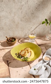 Authentic Chicken Cutlets with Mashed Potatoes and Mushroom Sauce in Sunlit Still Life Setting.