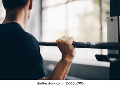 Authentic Image, Fit Man Lifting Weights, Barbell Overhead Press. Concept Of Weight Loss And Healthy Living.