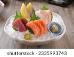 authentic japanese sashimi platter ，fresh sashimi set on ice, Japanese food japanese style