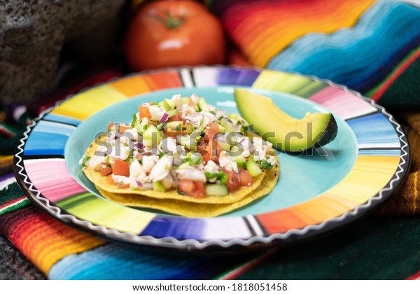 Authentic Mexican\
Cuisine\
Shrimp Ceviche\
Tostada
