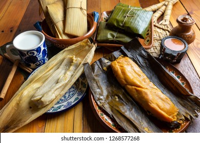 Authentic Mexican Tamal In Banana And Corn Leaf