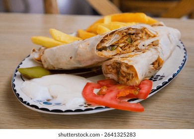 Authentic Middle Eastern shawarma wrap served with creamy garlic sauce, French fries and tomato.