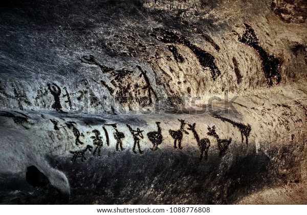 Authentic prehistoric cave paintings dating\
back 7000 years ago (European Post-Paleolithic era) in Magura cave,\
Belogradchik,\
Bulgaria.