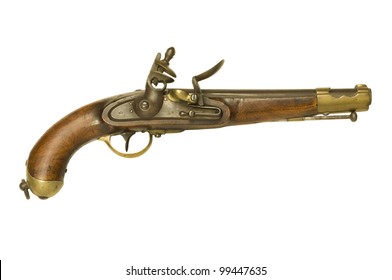 Authentic Revolutionary War Flintlock Pistol Isolated Against A White Background