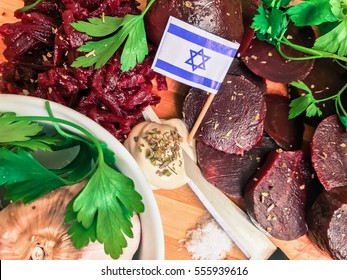 Authentic rustic kosher vegetarian israeli food cooking with dried aromatic garlic, boiled beetroot, green fresh dill and parsley and different spices wallpaper. Cooking healthy organic food in Israel