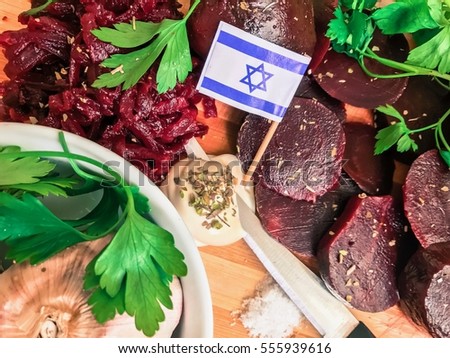 Authentic rustic kosher vegetarian israeli food cooking with dried aromatic garlic, boiled beetroot, green fresh dill and parsley and different spices wallpaper. Cooking healthy organic food in Israel