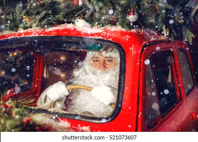 Authentic Santa Claus. Portrait of Santa Claus. Santa Claus is driving a car. Selective focus. - Powered by Shutterstock