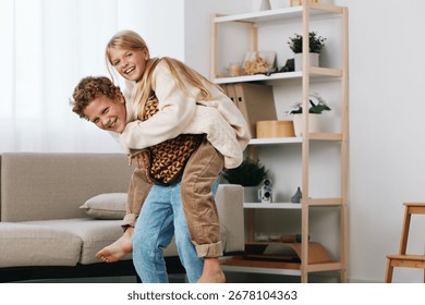 Authentic scene of playful interaction between caregiver and child, showcasing a game themed moment at home that blends everyday life with learning, school routines, and family bonding.