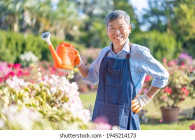 Authentic shot of asian retired senior man watering plants in the garden - smiling at you - Powered by Shutterstock