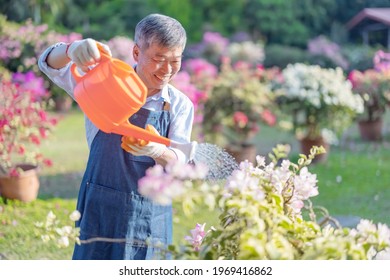 Authentic shot of asian retired senior man watering plants in the garden - Powered by Shutterstock