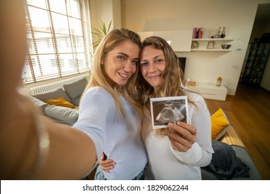 Authentic shot of happy married homosexual female gay couple is making video technology call to friends or family with smartphone from home and showing ultrasound to announce their future child birth. - Powered by Shutterstock