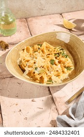 Authentic Shrimp and Spinach Pasta in Sunlit Still Life — Natural Aesthetic and Lifestyle.