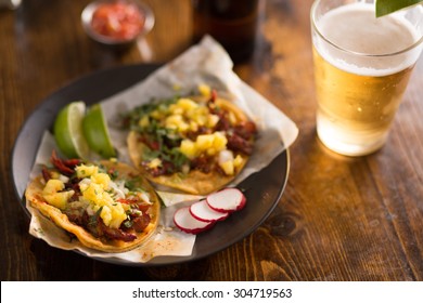 Authentic Street Tacos And Beer On Plate With Copy Space