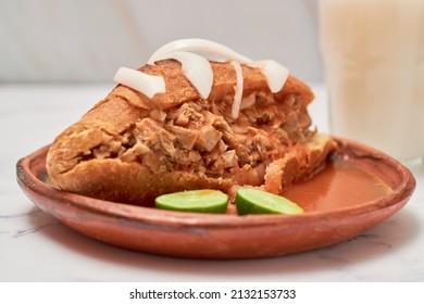 Authentic Torta Ahogada, Traditional Food From Guadalajara, Jalisco In Mexico.