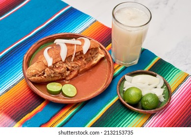 Authentic Torta Ahogada, Traditional Food From Guadalajara, Jalisco In Mexico.