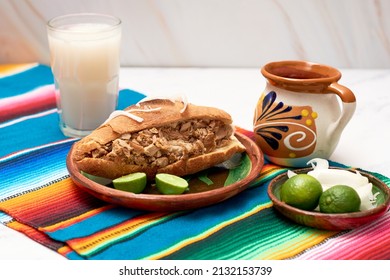 Authentic Torta Ahogada, Traditional Food From Guadalajara, Jalisco In Mexico.