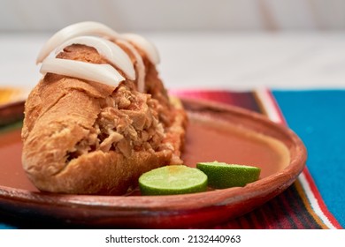 Authentic Torta Ahogada, Traditional Food From Guadalajara, Jalisco In Mexico.