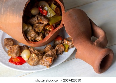 Authentic Turkish Testi Kebab cooked in earthenware waterjug, Turkish name; Testi kebabi