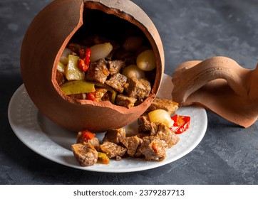 Authentic Turkish Testi Kebab cooked in earthenware waterjug, Turkish name; Testi kebabi