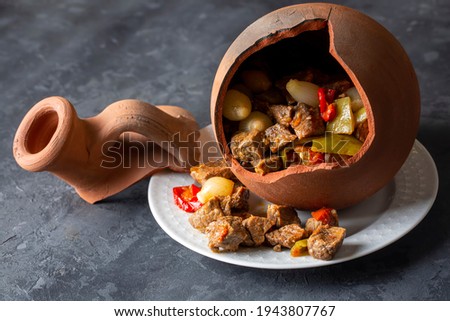 Authentic Turkish Testi Kebab cooked in earthenware waterjug, Turkish name; Testi kebabi
