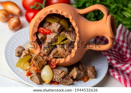 Authentic Turkish Testi Kebab cooked in earthenware waterjug, Turkish name; Testi kebabi