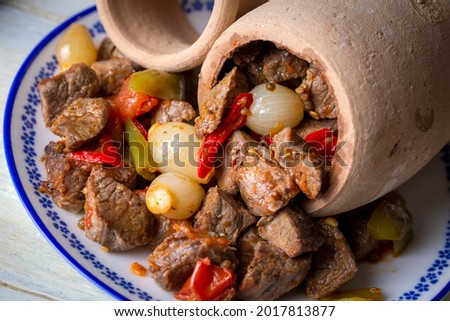 Authentic Turkish Testi Kebab cooked in earthenware waterjug, Turkish name; Testi kebabi