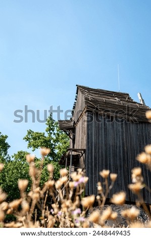 Authentic Ukrainian house in countryside. Summer village in Ukraine. Old folk thatched house. Ukrainian traditional rustic house. Rural countryside in summer ranch. Old architecture, selective focus.