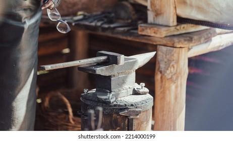 Authentic Vintage Anvil In A Manual Forge At The Fest Of Historical Reconstruction, Selective Focus. Blacksmith, Craft, Middle Ages, History Concept.