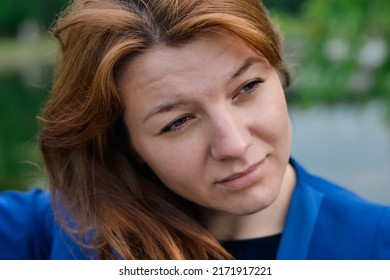 Authentic Young Woman With Ginger Hair Looking Aside Outdoor Portrait, Attractive People, No Make Up Face, Street Photography Concept