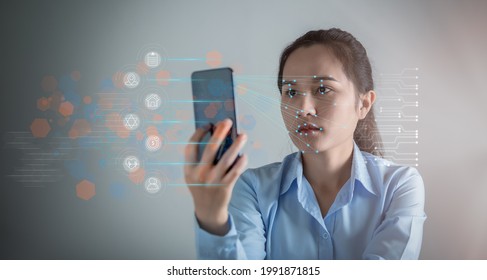 Authentication By Facial Recognition, Biometric Technology Digital Face Scanning, Asian Woman Scanning Face With Facial Recognition System On Smartphone For Verify Identity. Verify Identity, Biometric