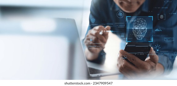 Authentication by facial recognition concept. Biometric. Security system. Business man scanning his face by smart phone to unlock and accessing personal data. Digital connections, data protection. - Powered by Shutterstock