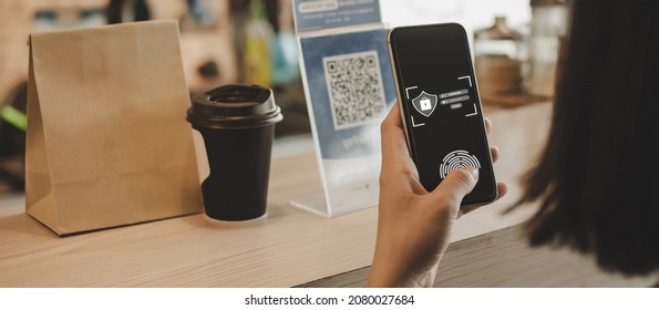 Authentication. hand customer using digital mobile phone scan QR code pay buying coffee in cafe coffee shop, restaurant, digital payment, online shopping, takeaway food, internet technology concept - Powered by Shutterstock - Get 15% off with code: PIKWIZARD15