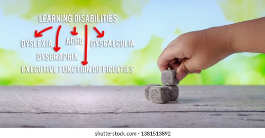 Autism concept. Learning disabilities types on word over greeny bokeh background.