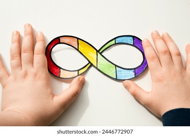 Autism infinity rainbow symbol sign in kid hand. World autism awareness day, autism rights movement, neurodiversity, autistic acceptance movement - Powered by Shutterstock