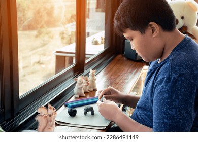 An autistic boy molding different shapes of colored plasticine prepared by parents at home in order to develop various aspects in their son which has slower brain development than normal children.