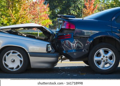 Auto accident involving two cars on a city street - Shutterstock ID 161718998
