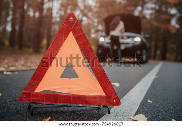 Auto assistance and insurance, troubles while\
traveling concept. Broken car and auto triangle on road, woman\
waiting for help