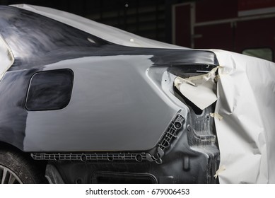Auto body repair series: Black car after being masked before repaint - Shutterstock ID 679006453