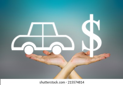 Auto car or vehicle business concept consist of human hand, background, car and dollars icon for concept of loan, cash, buy, finance, insurance and sale. Also buyer, dealer, customer and salesman.
