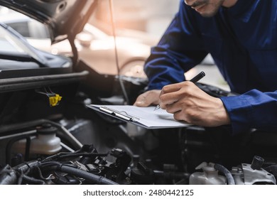 Auto check up and car service shop concept. Mechanic writing job checklist to clipboard to estimate repair quotation to client at workshop garage. - Powered by Shutterstock