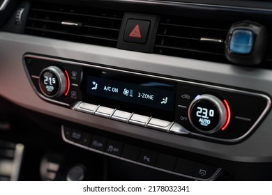 Auto Display. Car Control Panel. Detail. Speedometer. Tachometer. Car Interior Detail. Luxury Car.