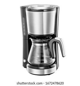 Auto Drip Coffee Maker Isolated on White. Brushed Stainless Steel & Glass Automatic Espresso Machine or Coffeemaker. Modern Drip Coffee Pot. Electric Kitchen Small Appliance. Domestic & Household