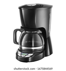 Auto Drip Coffee Maker Isolated on White. Black Plastic & Glass Automatic Espresso Machine or Coffeemaker. Modern Drip Coffee Pot. Electric Kitchen Small Appliance. Domestic & Household Appliances