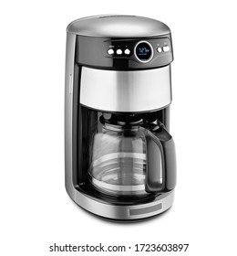 Auto Drip Coffee Maker Isolated On White. Stainless Steel & Glass Automatic Espresso Machine Or Coffeemaker. Modern Drip Coffee Pot. Electric Kitchen Small Appliance. Domestic & Household