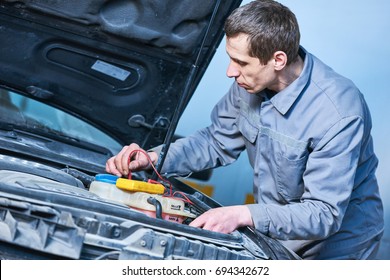 Auto Electrician Mechanic At Work With Car