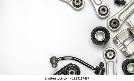 Auto equipment. Auto motor mechanic spare or automotive piece on white background. Set of new metal car part. Repair and vehicle service with space for text - Powered by Shutterstock