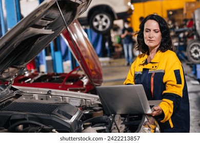 auto mechanic car engineer using laptop computer tuning ECU diagnosis analysis monitor engine problem in garage auto service