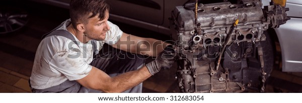 Auto mechanic changing\
motor in the car