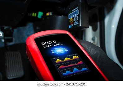 Auto mechanic checking ECU engine system with OBD2 wireless scanning tool and car information showing on screen interface , Car maintenance service concept.
